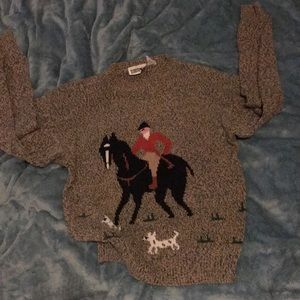 Marled brown and green sweater horse jockey
